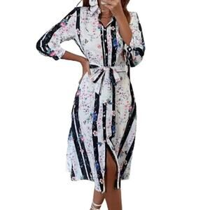 Shein Size Large Striped Floral Print Belted Button Down Midi Shirt Dress Boho